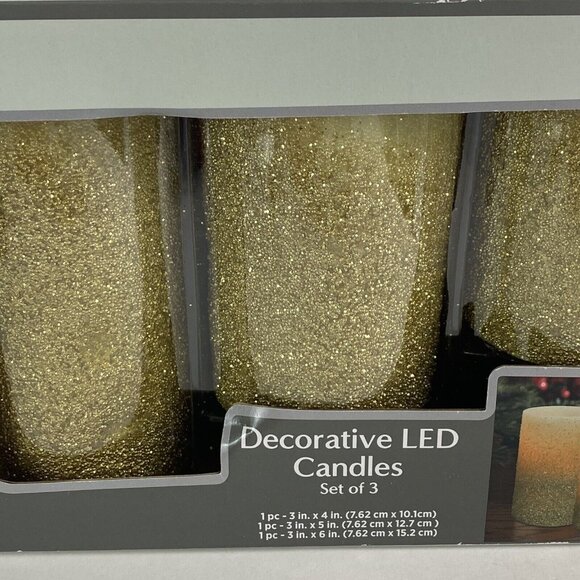 LED Decorative Candle Set Battery Gold Pillar Christmas Holiday Sparkle NEW - Picture 4 of 5
